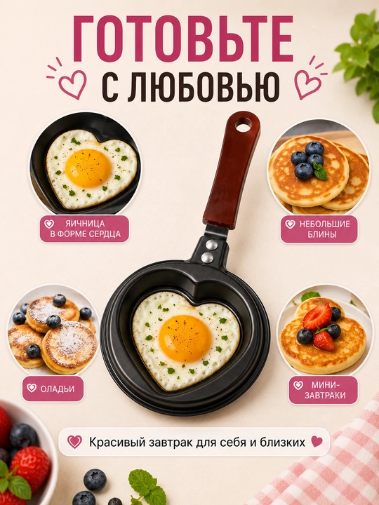 Мини-сковородка в форме сердца, с антипригарным покрытием, 12 см