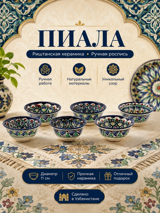Набор риштанской керамики чайник, пиала, коса, ляган