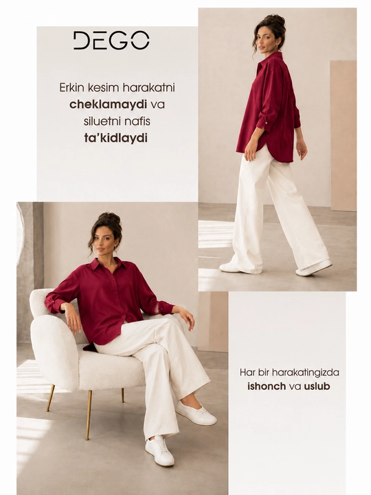 DEGO ayollar ko'ylagi, erkin bichim, 3/4 yeng, katta o'lchamlar 48–58