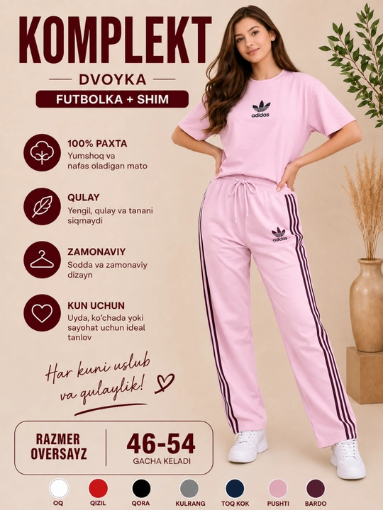 Ayollar uchun  komplekt dvoyka, futbolka va shim, 100% paxta, oversayz, 46–54gacha keladi