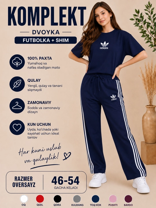 Ayollar uchun  komplekt dvoyka, futbolka va shim, 100% paxta, oversayz, 46–54gacha keladi