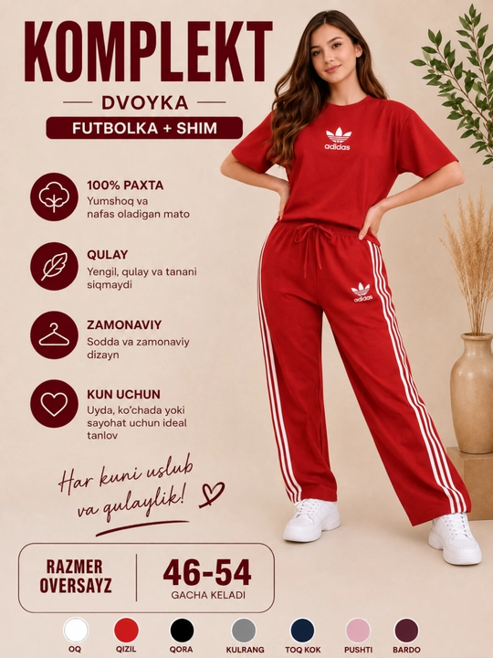 Ayollar uchun  komplekt dvoyka, futbolka va shim, 100% paxta, oversayz, 46–54gacha keladi