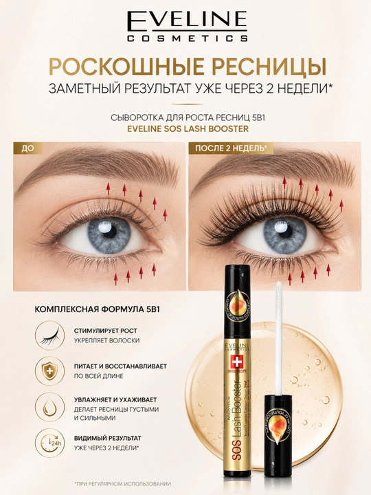 Сыворотка для ресниц Eveline SOS Lash-Booster 5 в 1, 10 мл