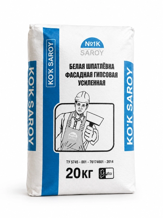 KO'K SAROY oq fasad gipsli shpatlyovka, kuchaytirilgan, 20 kg, tashqi devorlar uchun