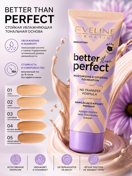Eveline Better Than Perfect №03 Light Beige doimiy namlovchi suyuq tonal asos 30 ml