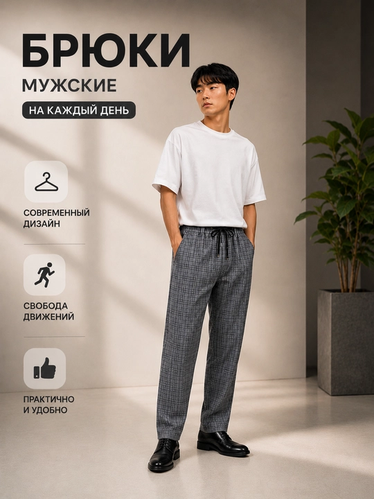 Мужские брюки в клетку, на резинке, с завязками, мужская одежда - 