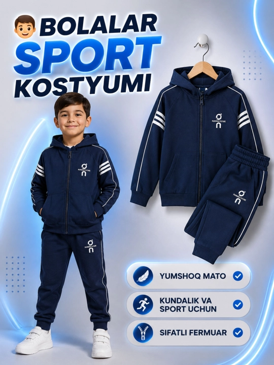 Bolalar sport kostyumi, kapyushonli, yumshoq paxtali, qora rang, o‘g‘il bolalar uchun