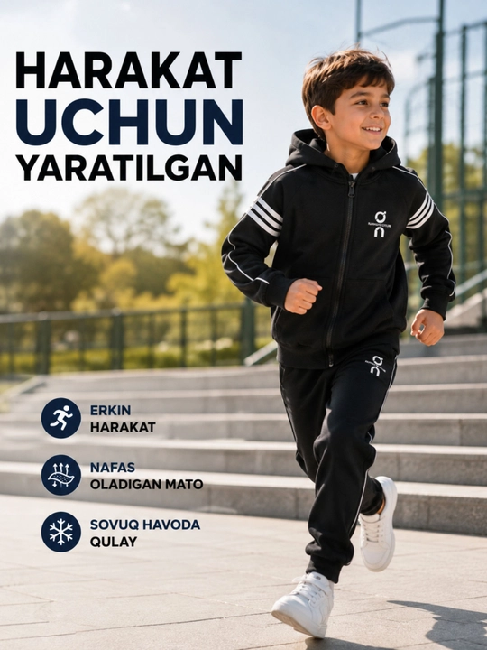 Bolalar sport kostyumi, kapyushonli, yumshoq paxtali, qora rang, o‘g‘il bolalar uchun - 