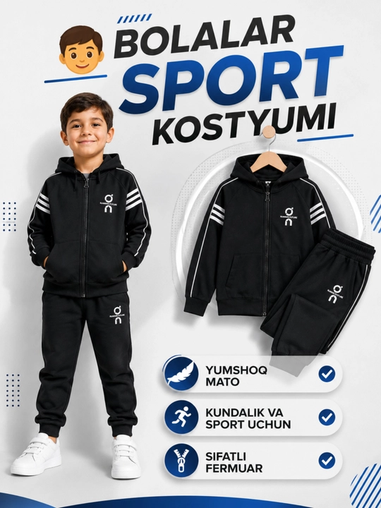 Bolalar sport kostyumi, kapyushonli, yumshoq paxtali, qora rang, o‘g‘il bolalar uchun