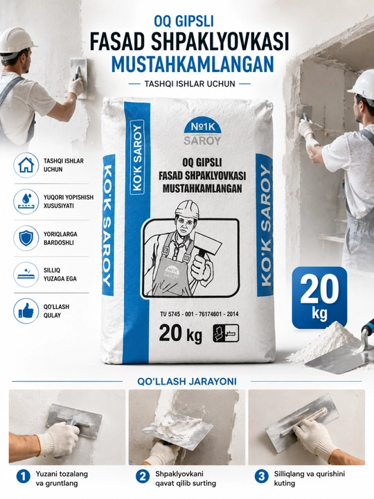KO'K SAROY oq fasad gipsli shpatlyovka, kuchaytirilgan, 20 kg, tashqi devorlar uchun