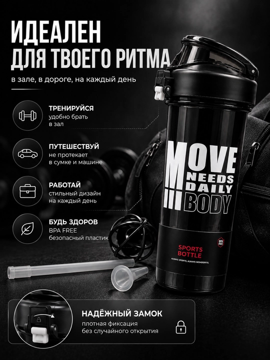 Protein va suv uchun 800 ml shaker, trubka va venchik bilan, sport butilkasi