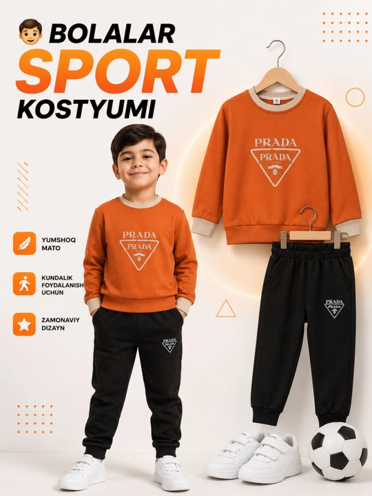 Bolalar sport kostyumi, paxtali svitshot va sport shim, oq-qora, o‘g‘il bolalar uchun - 