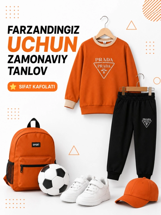 Bolalar sport kostyumi, paxtali svitshot va sport shim, oq-qora, o‘g‘il bolalar uchun