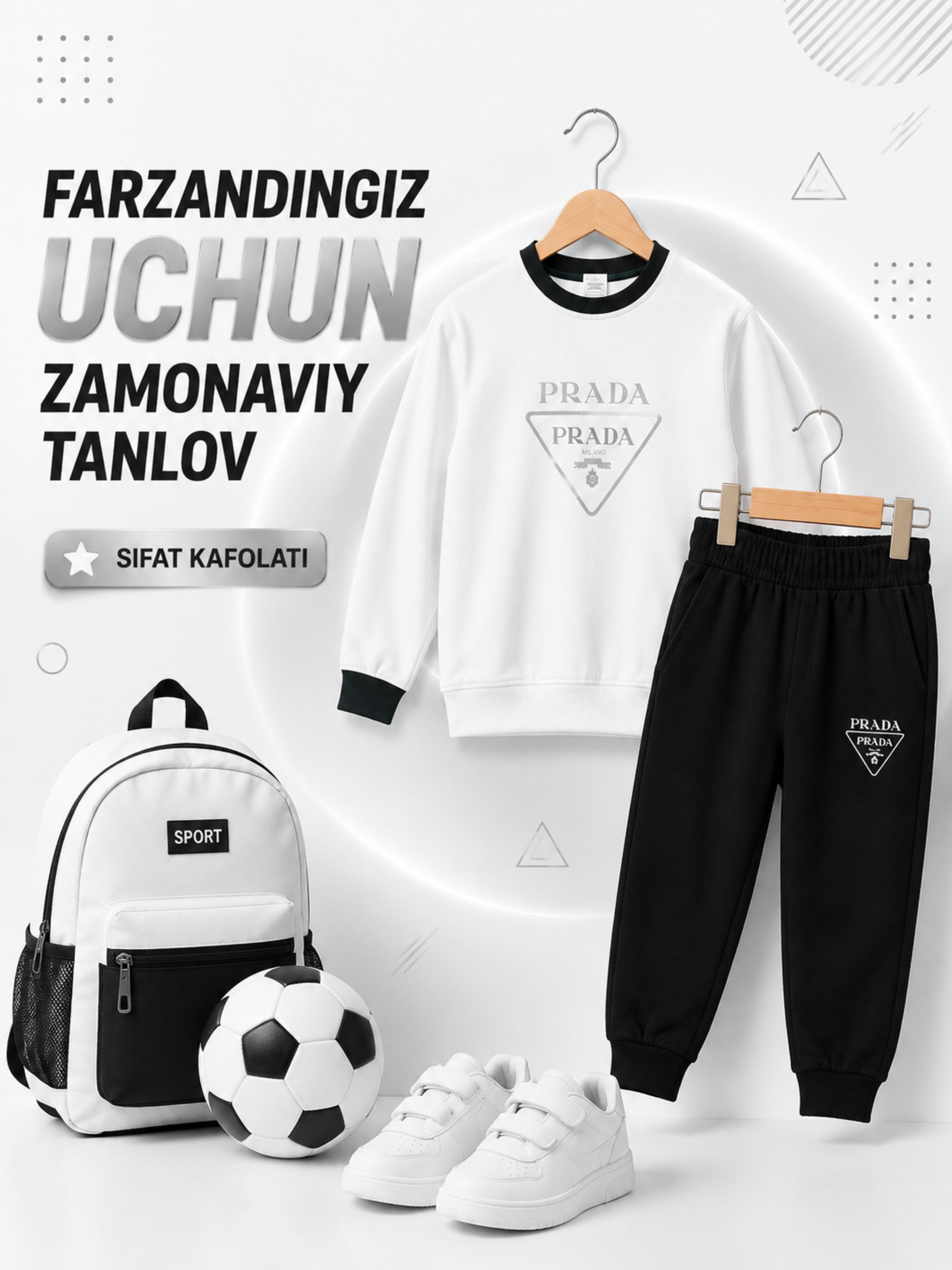 Bolalar sport kostyumi, paxtali svitshot va sport shim, oq-qora, o‘g‘il bolalar uchun