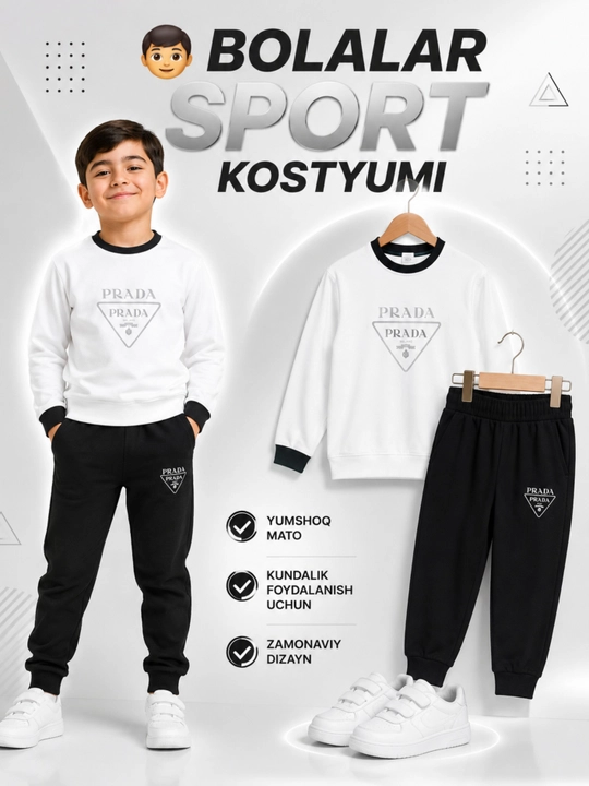 Bolalar sport kostyumi, paxtali svitshot va sport shim, oq-qora, o‘g‘il bolalar uchun - 