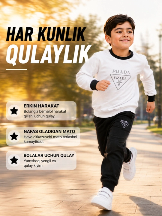 Bolalar sport kostyumi, paxtali svitshot va sport shim, oq-qora, o‘g‘il bolalar uchun