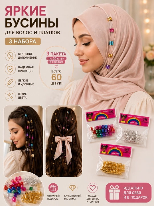 Soch va ro‘mol uchun bezak halqachalar to‘plami – 60 dona - 