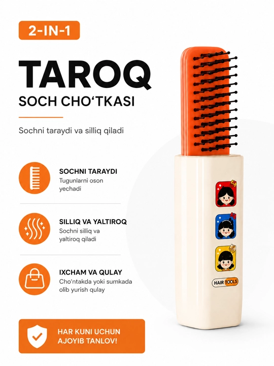 2-in-1 Yig‘iluvchi Soch Cho‘tkasi va Oyna – Sayohat uchun Mini Beauty Brush - 
