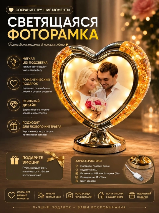 Декоративная фоторамка , с светодиодным светом в форме сердца - 
