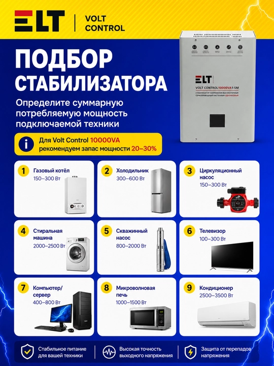 Volt Control 10000VA 1-SM ELT servo stabilizatori, 100–260 V