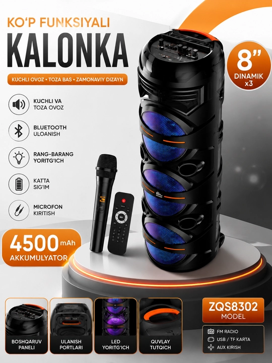 Bluetooth karaoke kolonka ZQS8301, mikrofon va pult bilan, LED yoritgichli, 60W, 94 sm - 