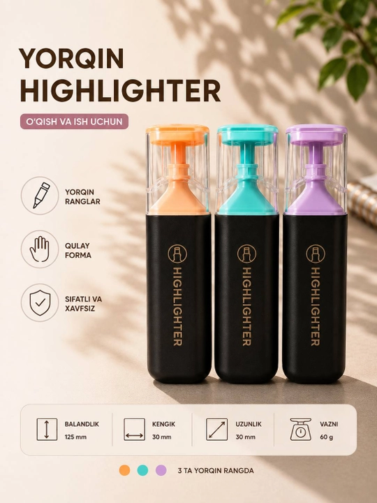 Rangli marker (Highlighter), matn ajratgich, floresan marker, ofis va maktab uchun - 