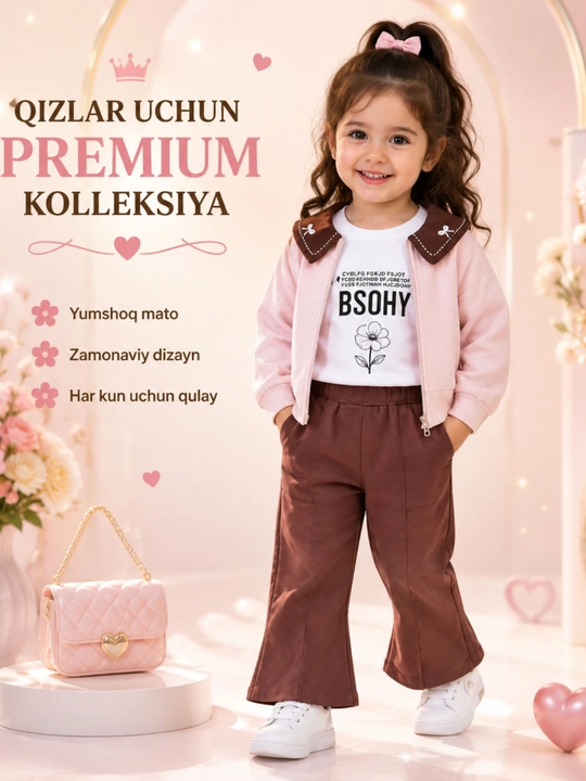 Qizlar uchun 3 qismli kiyim komplekti, bomber kurtka, futbolka va shim, bahor-kuz mavsumi - 