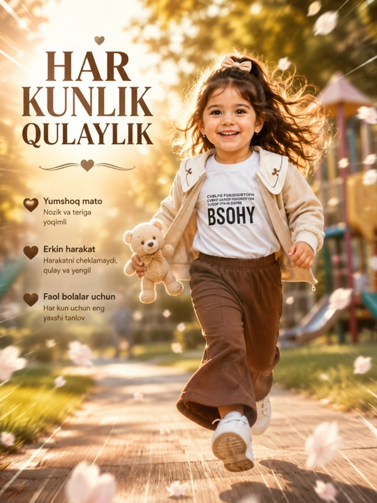 O’smir qizlar kiyim komplekti: kapyushonli bomber, futbolka, cargo shim, bahor-kuz