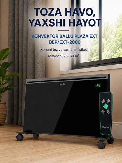25-30 m2 xonalar uchun Ballu Plaza EXT BEP/EXT-2000 konvektorli isitgichi