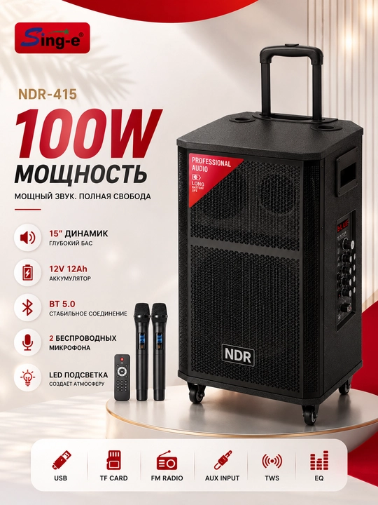 Портативная колонка NDR-415 100W, Bluetooth, 15", караоке - 