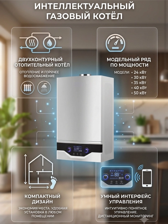 Gaz qozoni Baron 24/30/35/40/50 kVt devor osti ikki konturli uy, kvartira uchun - 