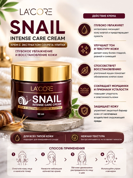 LA'CORE Snail Intense Care Cream – Salyangoz mucini ekstrakti bilan namlantiruvchi - 