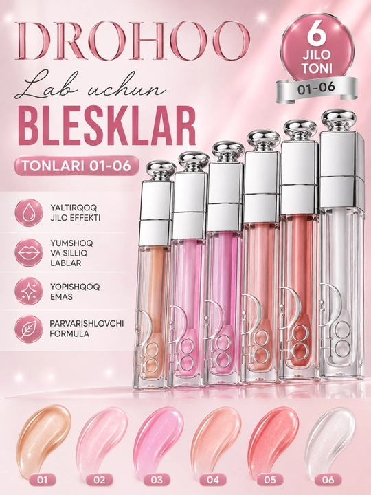 DROHOO lab uchun blesk, namlovchi lip gloss, yaltiroq effekt, 01–06 tonlar - 