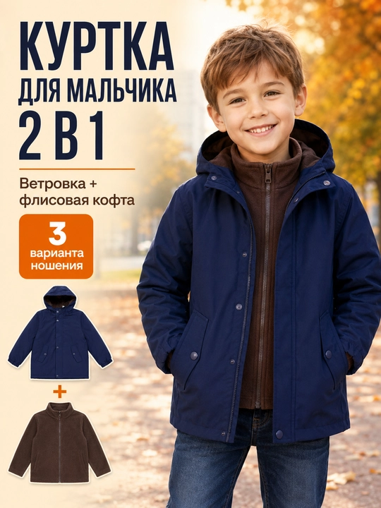 Куртка 2 в 1 для мальчика - Лёгкая ветровка + Флисовая кофта = Утеплённая куртка - 