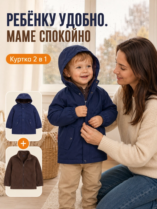 Куртка 2 в 1 для мальчика - Лёгкая ветровка + Флисовая кофта = Утеплённая куртка