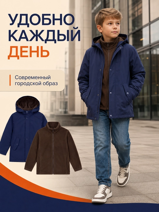 Куртка 2 в 1 для мальчика - Лёгкая ветровка + Флисовая кофта = Утеплённая куртка