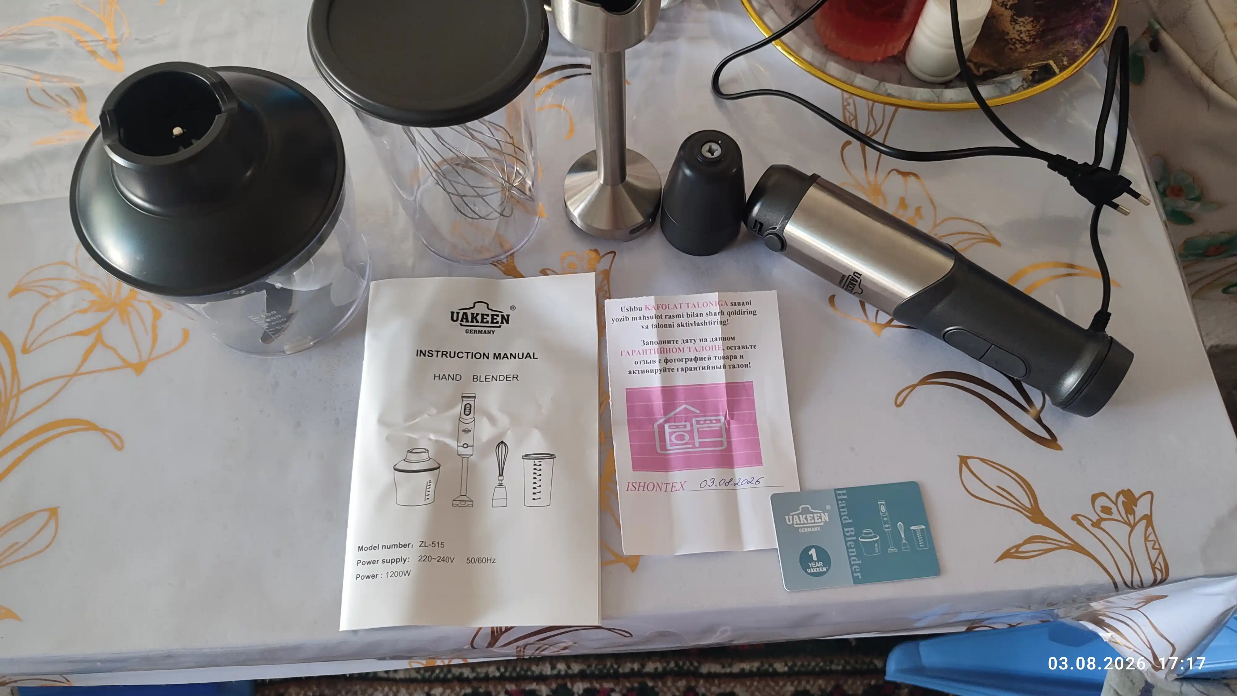 Qo'l blenderi UAKEEN ZL-515, suvga cho'mdiruvchi, ko'p funksiyali, 4 tasi 1 da, 1200 Wt