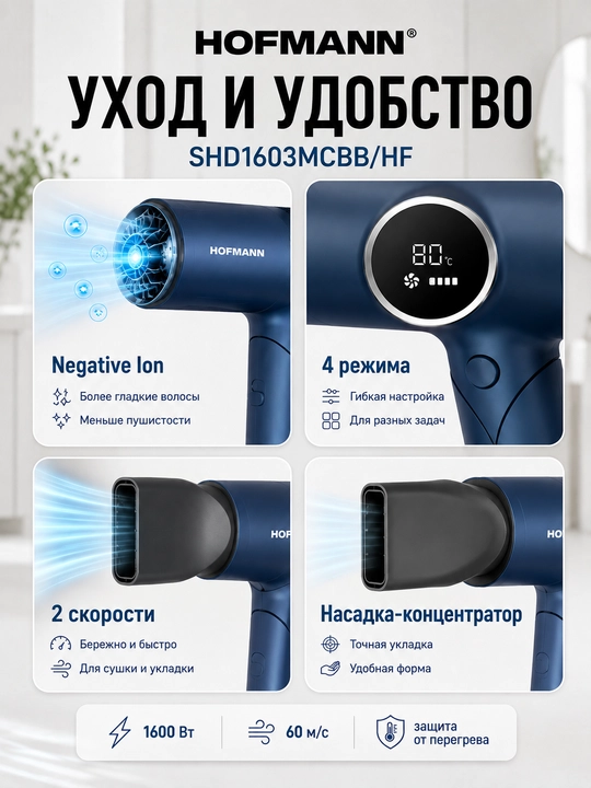 Фен для волос Hofmann SHD1603MCBB/HF, BLDC, 1600 Вт, 110000 об/мин