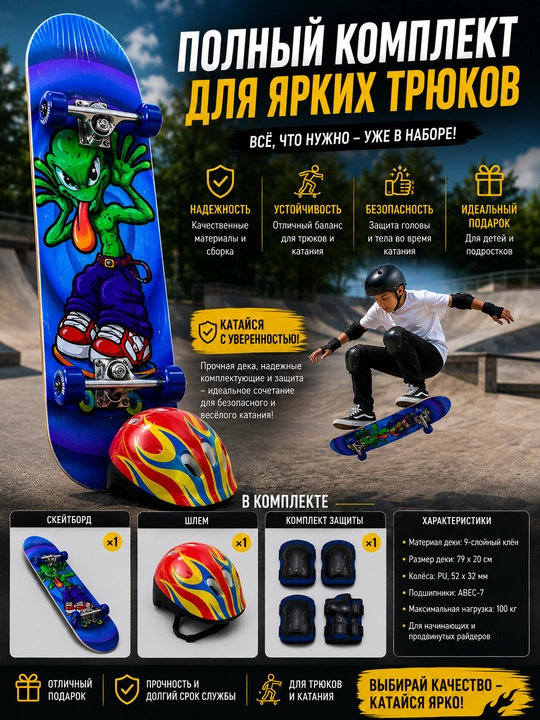 Skeytbord, dubulg‘a va himoya vositalari bilan to‘plam, bolalar uchun