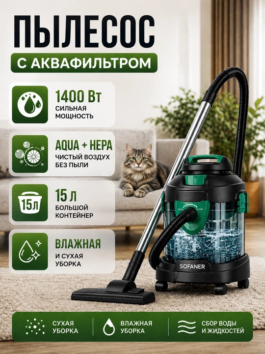 Моющий пылесос Sofaner 4 в 1, сухая и влажная уборка, HEPA-фильтр, бак 15 литр