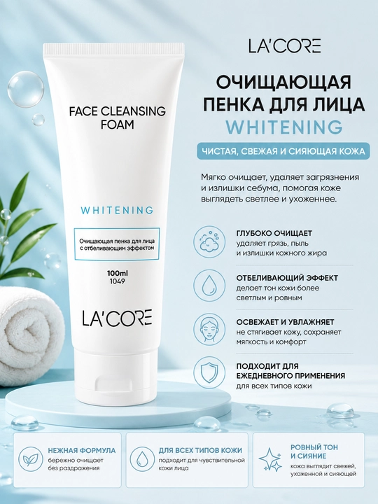 LA'CORE Face Cleansing Foam Whitening — yuzni tozalovchi va teri rangini ochish uchun - 