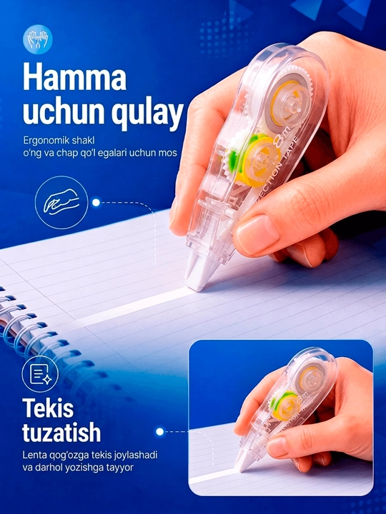 Tuzatuvchi lenta-shtrix, maktab va ofis uchun quruq korrektor