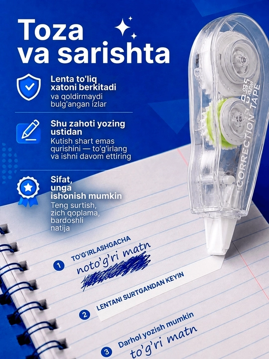 Tuzatuvchi lenta-shtrix, maktab va ofis uchun quruq korrektor