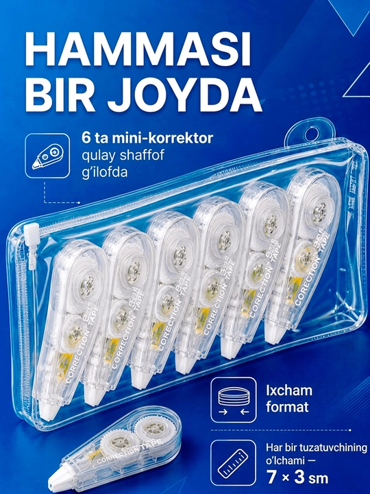 Tuzatuvchi lenta-shtrix, maktab va ofis uchun quruq korrektor