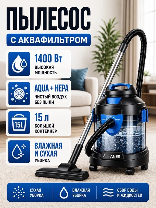 Моющий пылесос Sofaner 4 в 1, сухая и влажная уборка, HEPA-фильтр, бак 15 литр