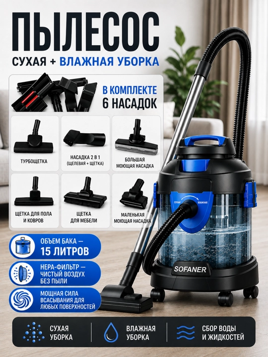 Моющий пылесос Sofaner 4 в 1, сухая и влажная уборка, HEPA-фильтр, бак 15 литр
