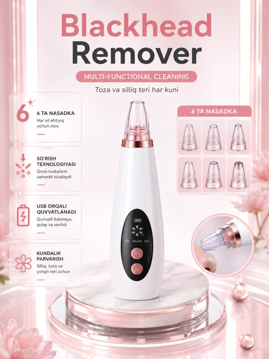 Vakuumli yuz tozalash qurilmasi Blackhead Remover, 6 ta nasadka