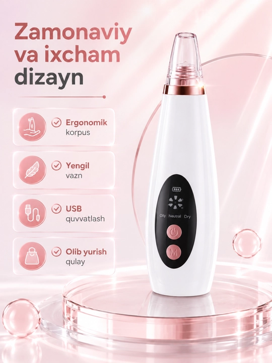 Vakuumli yuz tozalash qurilmasi Blackhead Remover, 6 ta nasadka - 