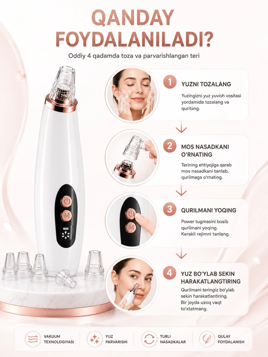 Vakuumli yuz tozalash qurilmasi Blackhead Remover, 6 ta nasadka
