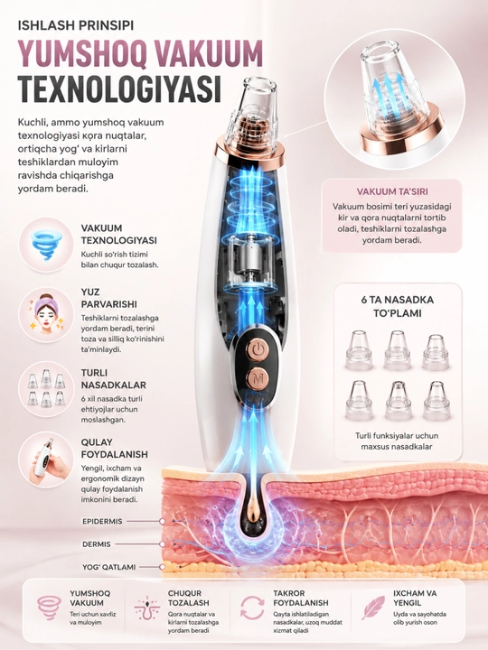 Vakuumli yuz tozalash qurilmasi Blackhead Remover, 6 ta nasadka